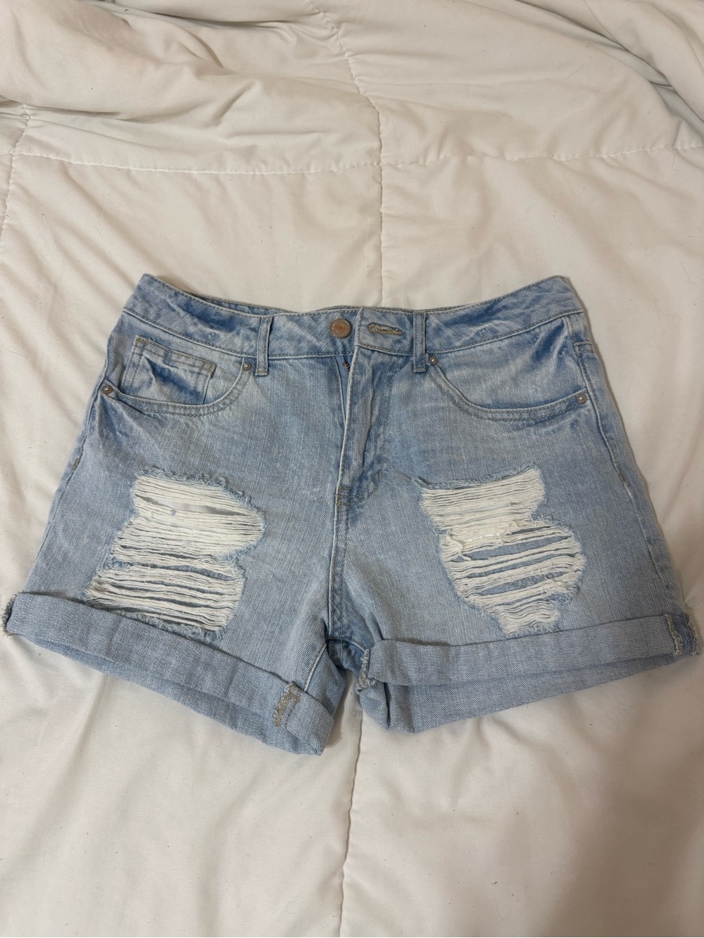 Forever 21 Light Blue Distressed Rolled Hem Denim Shorts